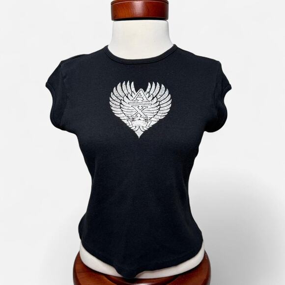 Y2K Punk Baby Tee - Size S - Armani Exchange - Black Heart Logo Cap Sleeve Top - Picture 1 of 8